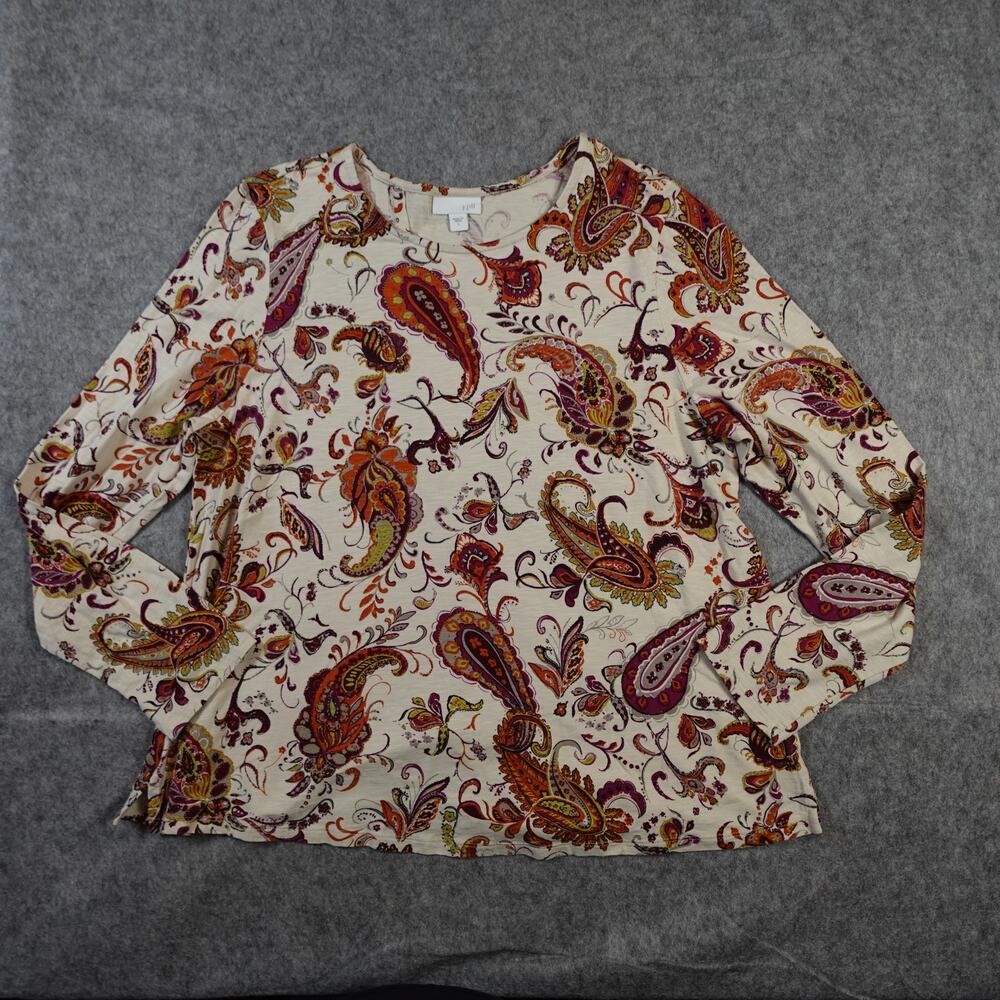 J. Jill Top Womens Large Paisley Long Sleeve Crew Neck Cream Maroon Blouse Fall